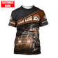 Personalized trucker t-shirt featuring brown diagonal panel semi truck all-over print, short-sleeve design