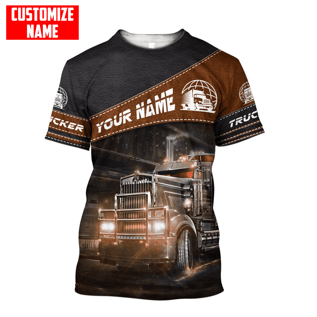 Personalized trucker t-shirt featuring brown diagonal panel semi truck all-over print, short-sleeve design