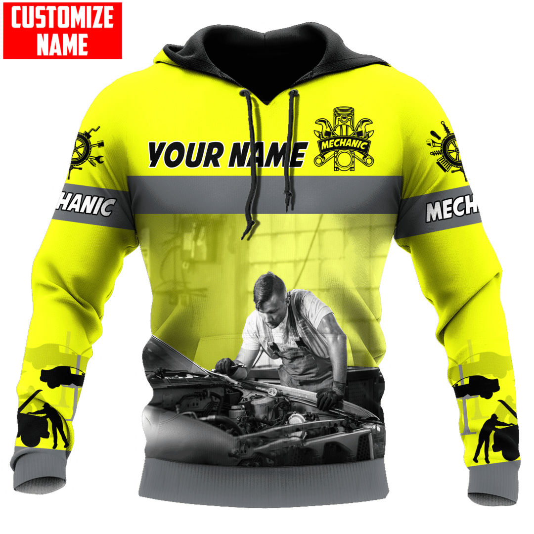 Personalized mechanic hoodie featuring yellow mechanic at work all-over print