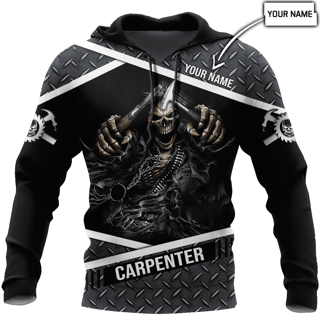 Personalized carpenter hoodie featuring black grey hooded skull all-over print