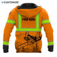 Personalized logger hoodie featuring orange american flag crossed chainsaws all-over print, back view
