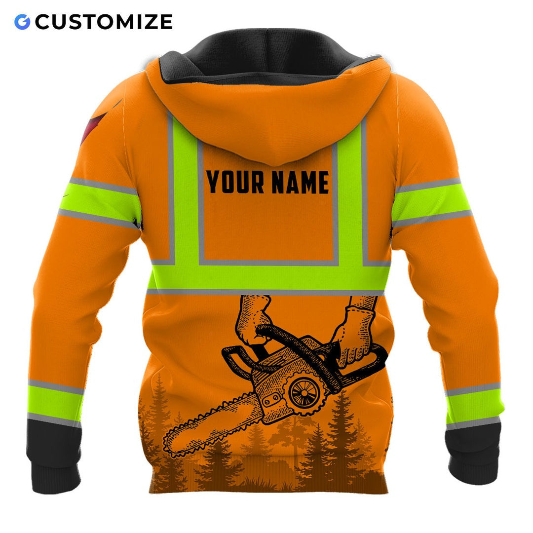 Personalized logger hoodie featuring orange american flag crossed chainsaws all-over print, back view