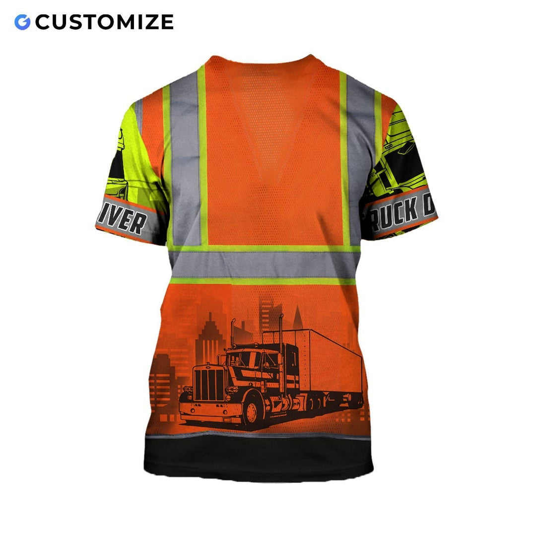 Personalized trucker t-shirt featuring orange vest print logging truck all-over print, back view