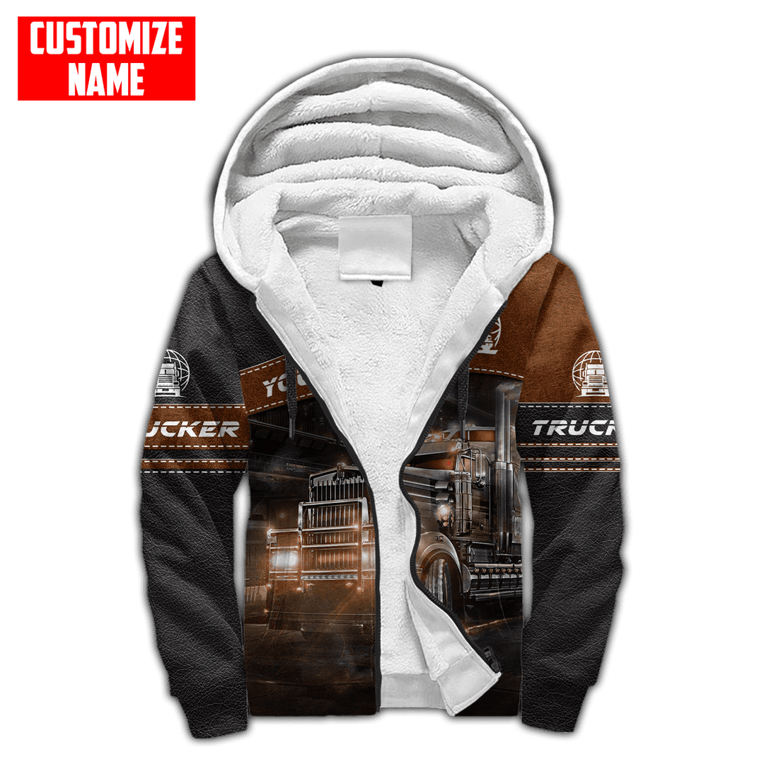 Personalized trucker fleece zip hoodie featuring brown diagonal panel semi truck all-over print, fleece lining shown