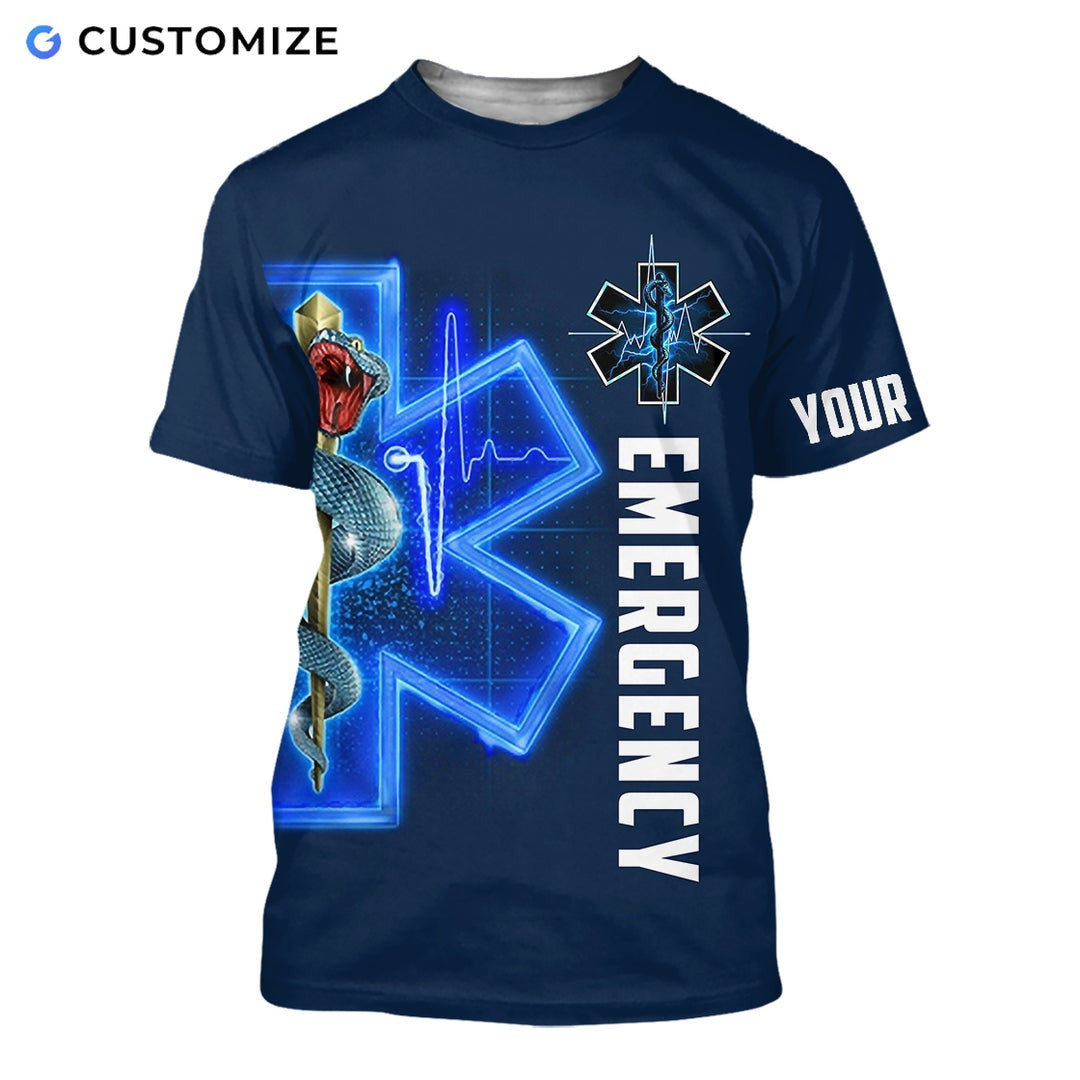 Personalized EMS paramedic t-shirt featuring blue emergency snake print all-over print, short-sleeve design