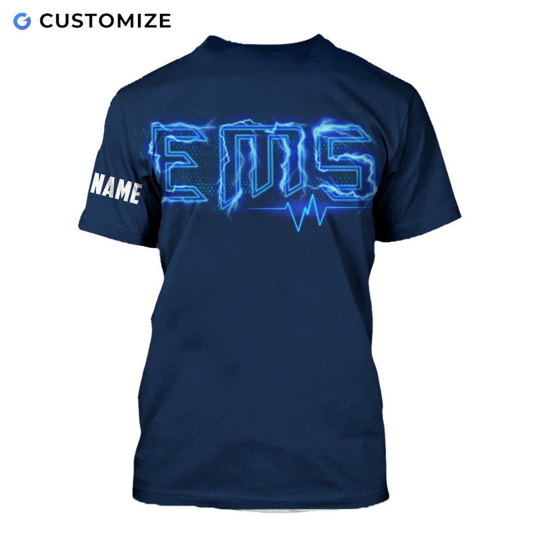 Personalized EMS paramedic t-shirt featuring blue emergency snake print all-over print, back view