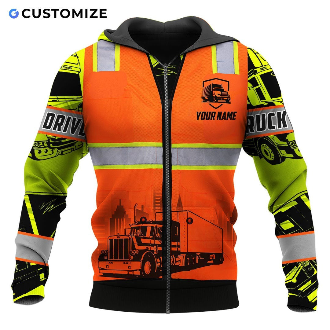 Personalized trucker zip hoodie featuring orange vest print logging truck all-over print, zip-front design
