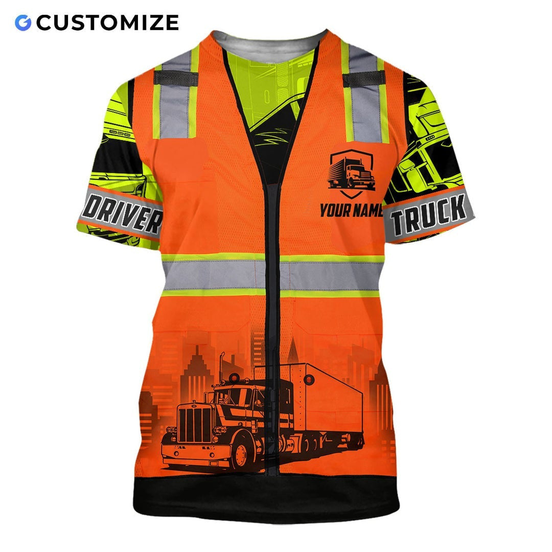 Personalized trucker t-shirt featuring orange vest print logging truck all-over print, short-sleeve design
