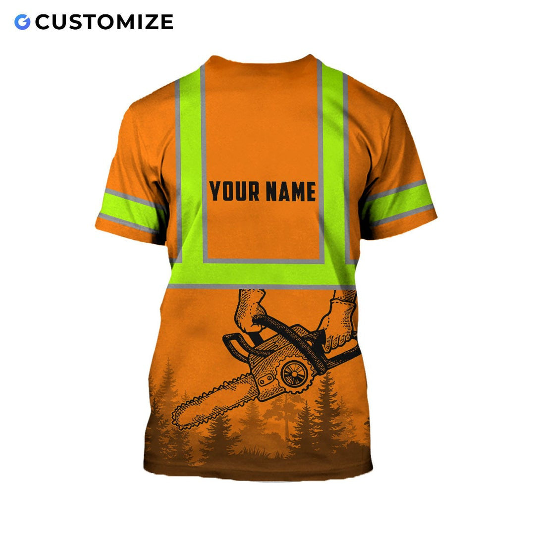 Personalized logger t-shirt featuring orange american flag crossed chainsaws all-over print, back view