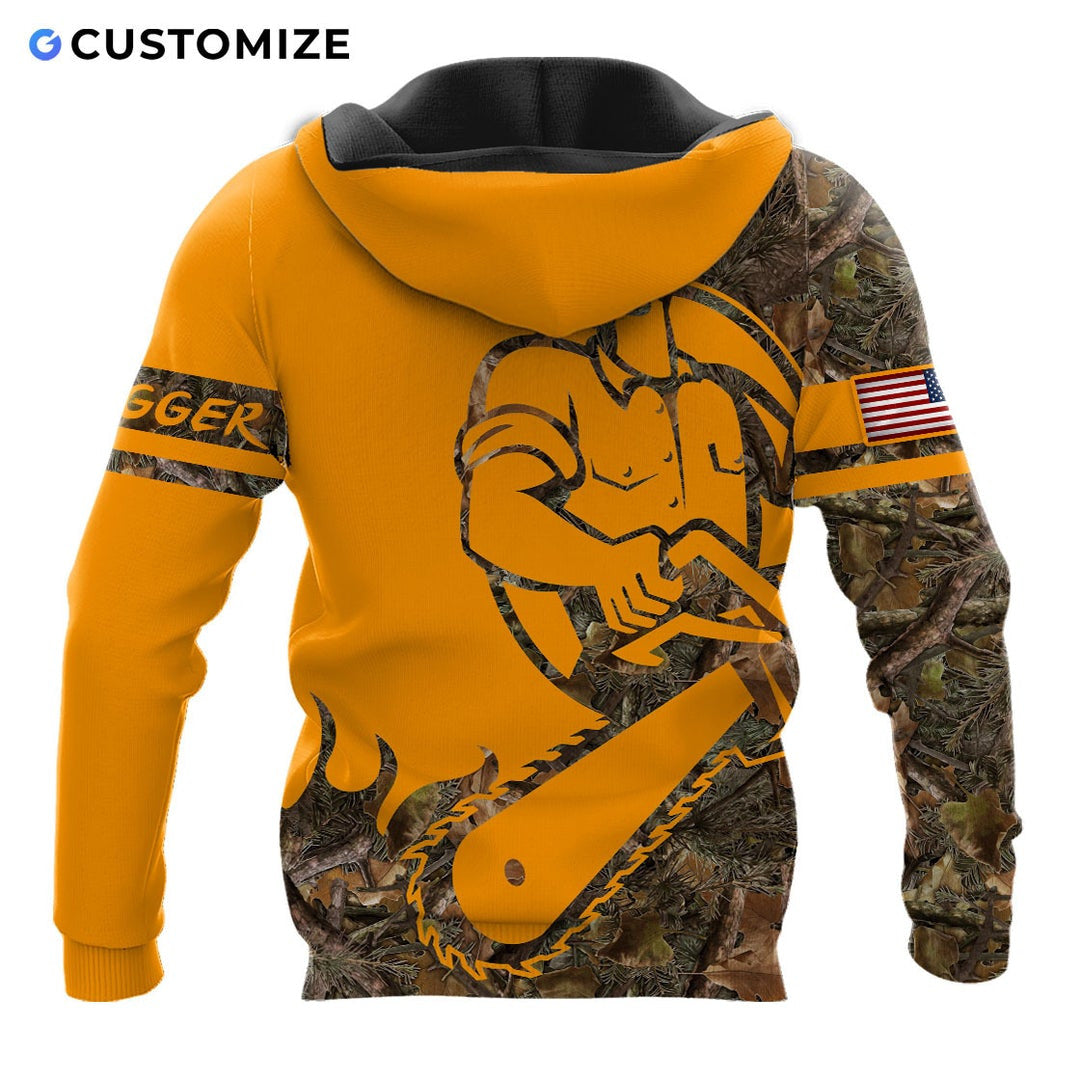 Personalized logger hoodie featuring yellow cartoon lumberjack chainsaw all-over print, back view