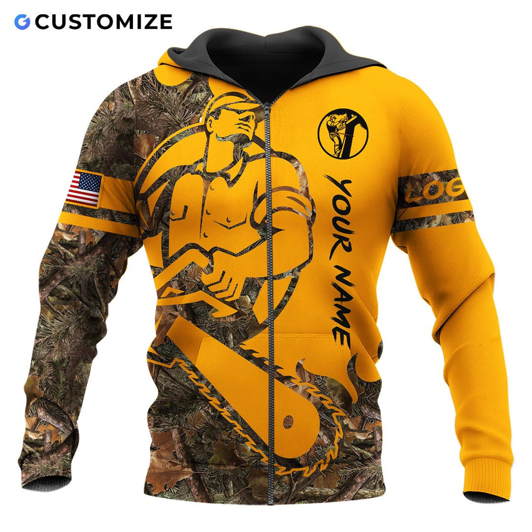 Personalized logger zip hoodie featuring yellow cartoon lumberjack chainsaw all-over print, zip-front design