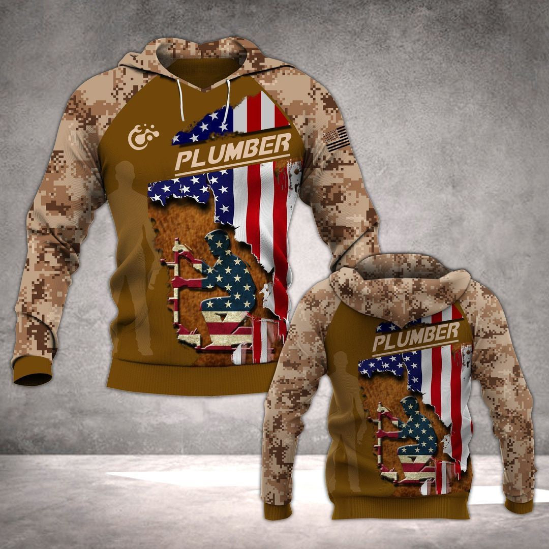 Personalized plumber hoodie featuring tan camouflage American flag plumber all-over print