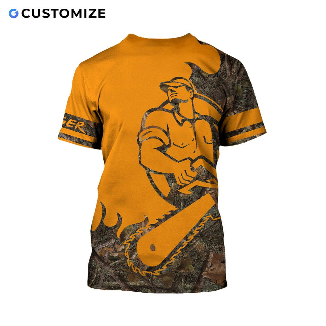 Personalized logger t-shirt featuring yellow cartoon lumberjack chainsaw all-over print, back view