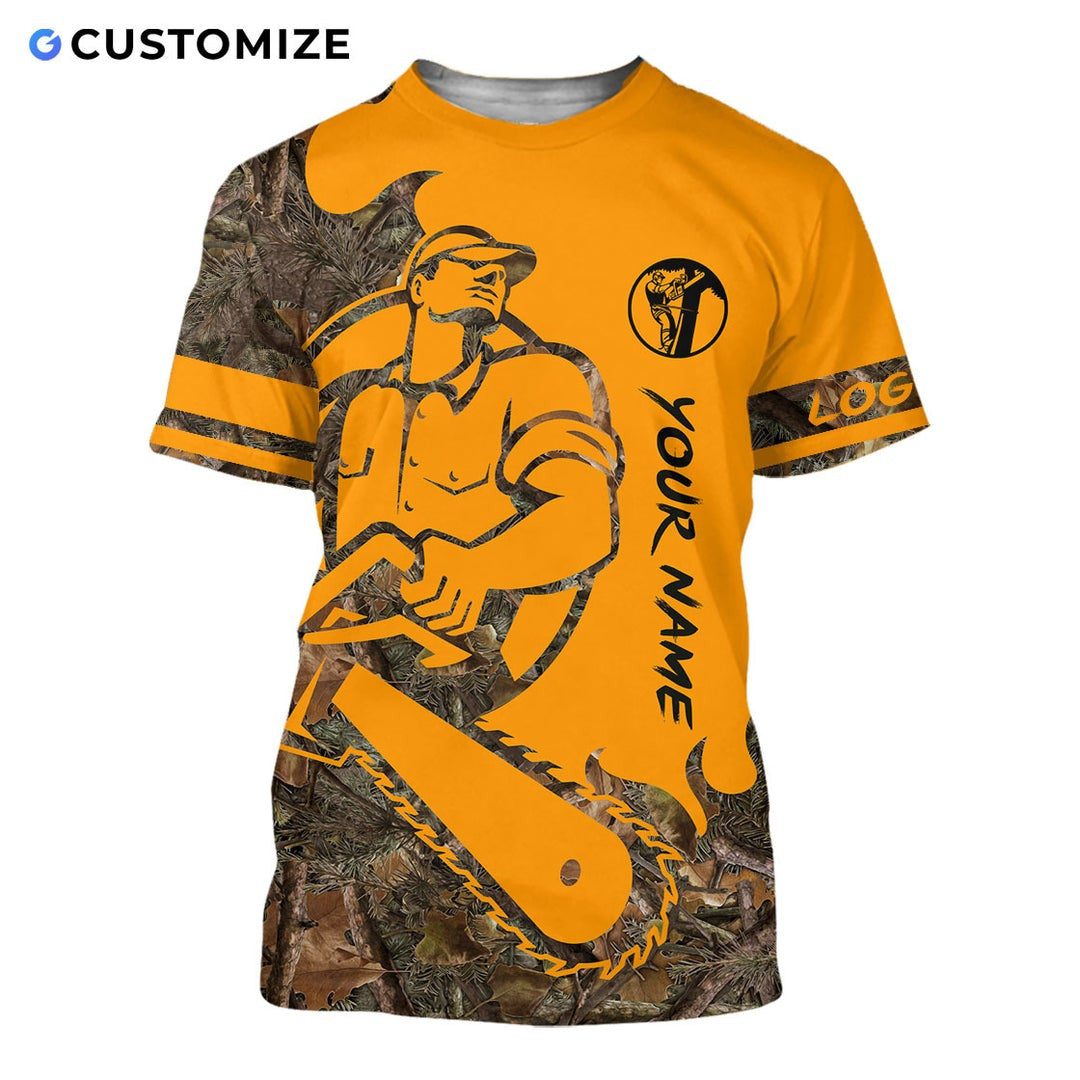 Personalized logger t-shirt featuring yellow cartoon lumberjack chainsaw all-over print, short-sleeve design