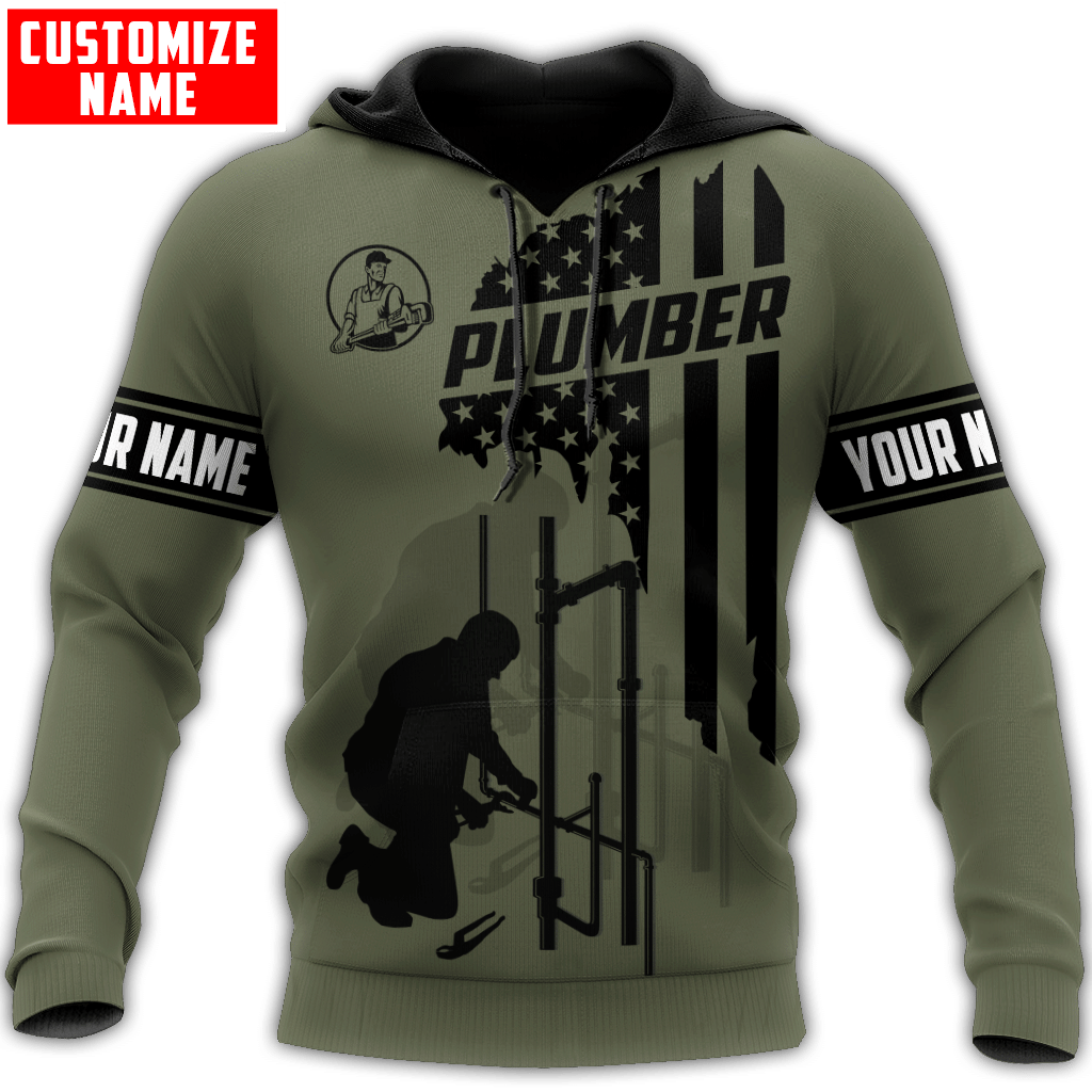 Personalized plumber hoodie featuring olive green american flag plumber all-over print