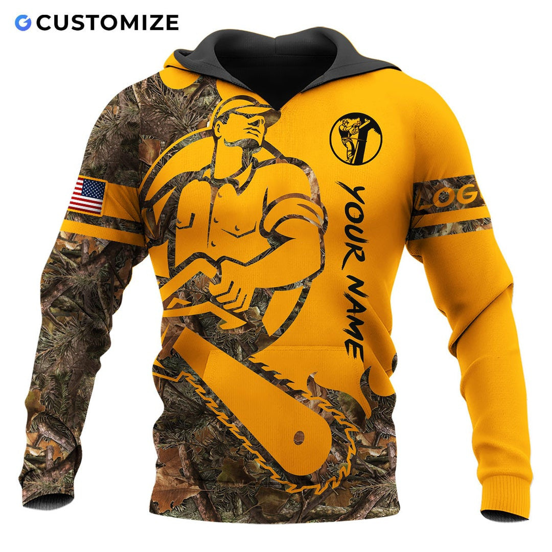Personalized logger hoodie featuring yellow cartoon lumberjack chainsaw all-over print