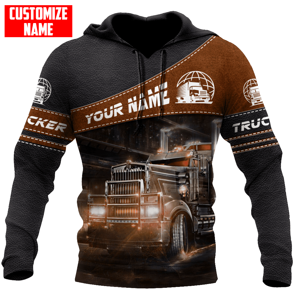 Personalized trucker hoodie featuring brown diagonal panel semi truck all-over print