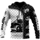 Personalized trucker hoodie featuring black white checkered semi truck all-over print
