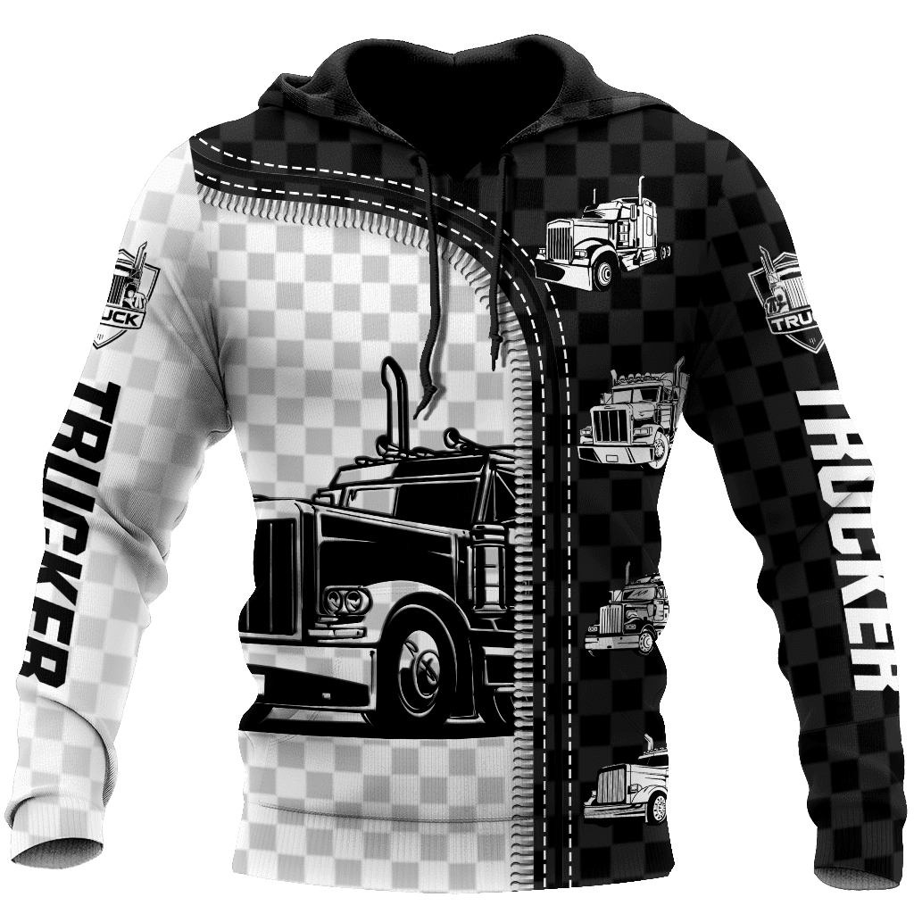 Personalized trucker hoodie featuring black white checkered semi truck all-over print