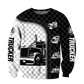 Personalized trucker sweatshirt featuring black white checkered semi truck all-over print, crewneck design