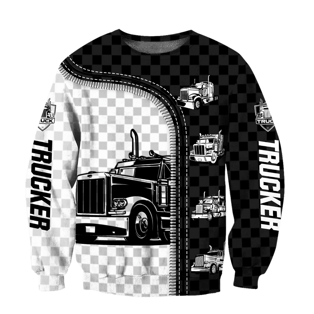 Personalized trucker sweatshirt featuring black white checkered semi truck all-over print, crewneck design