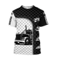 Personalized trucker t-shirt featuring black white checkered semi truck all-over print, short-sleeve design