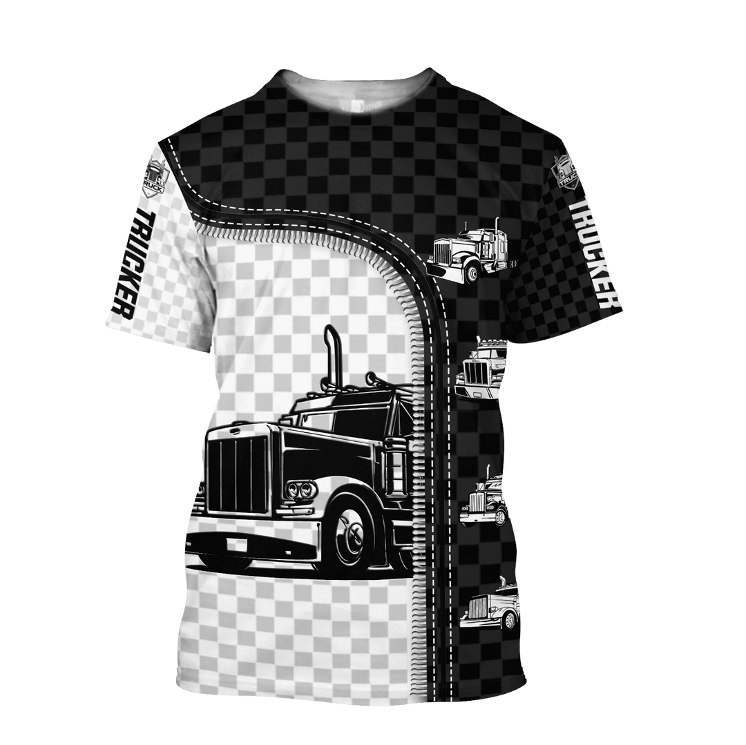 Personalized trucker t-shirt featuring black white checkered semi truck all-over print, short-sleeve design