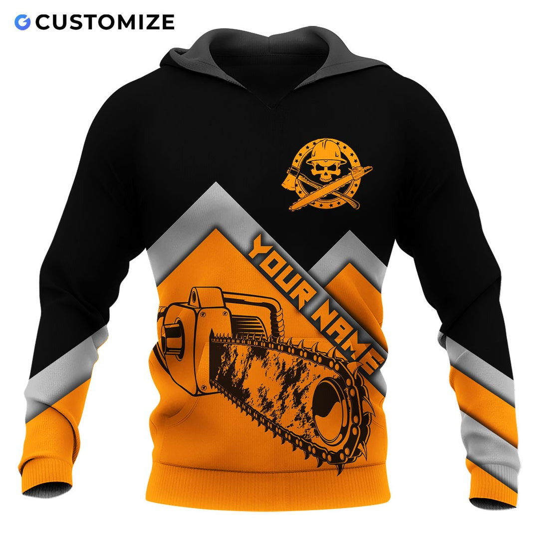 Personalized logger hoodie featuring black orange chevron chainsaw all-over print