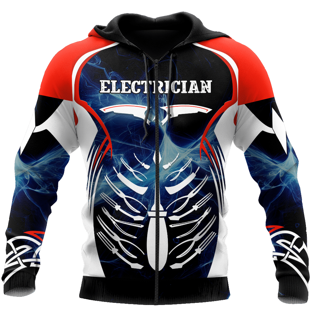 Personalized electrician zip hoodie featuring red white blue skeleton all-over print