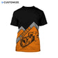 Personalized logger t-shirt featuring black orange chevron chainsaw all-over print, back view