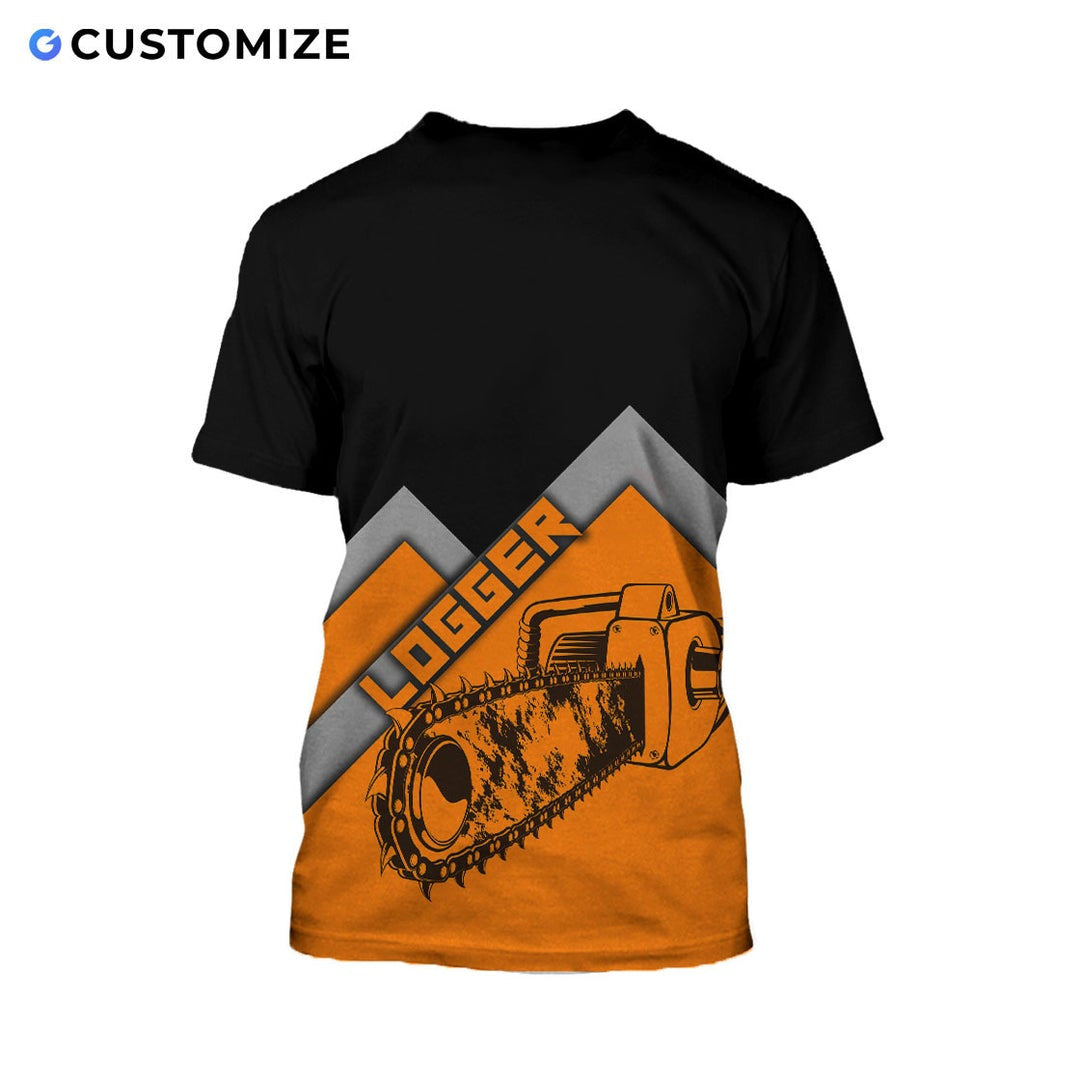 Personalized logger t-shirt featuring black orange chevron chainsaw all-over print, back view