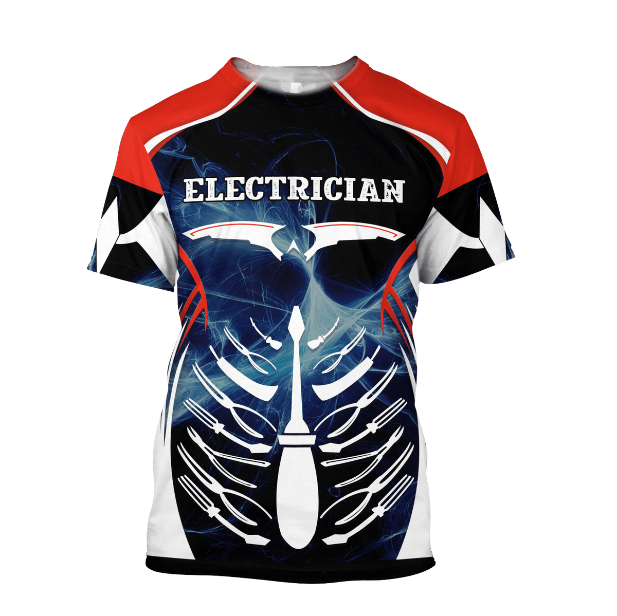 Personalized electrician t-shirt featuring red white blue skeleton all-over print