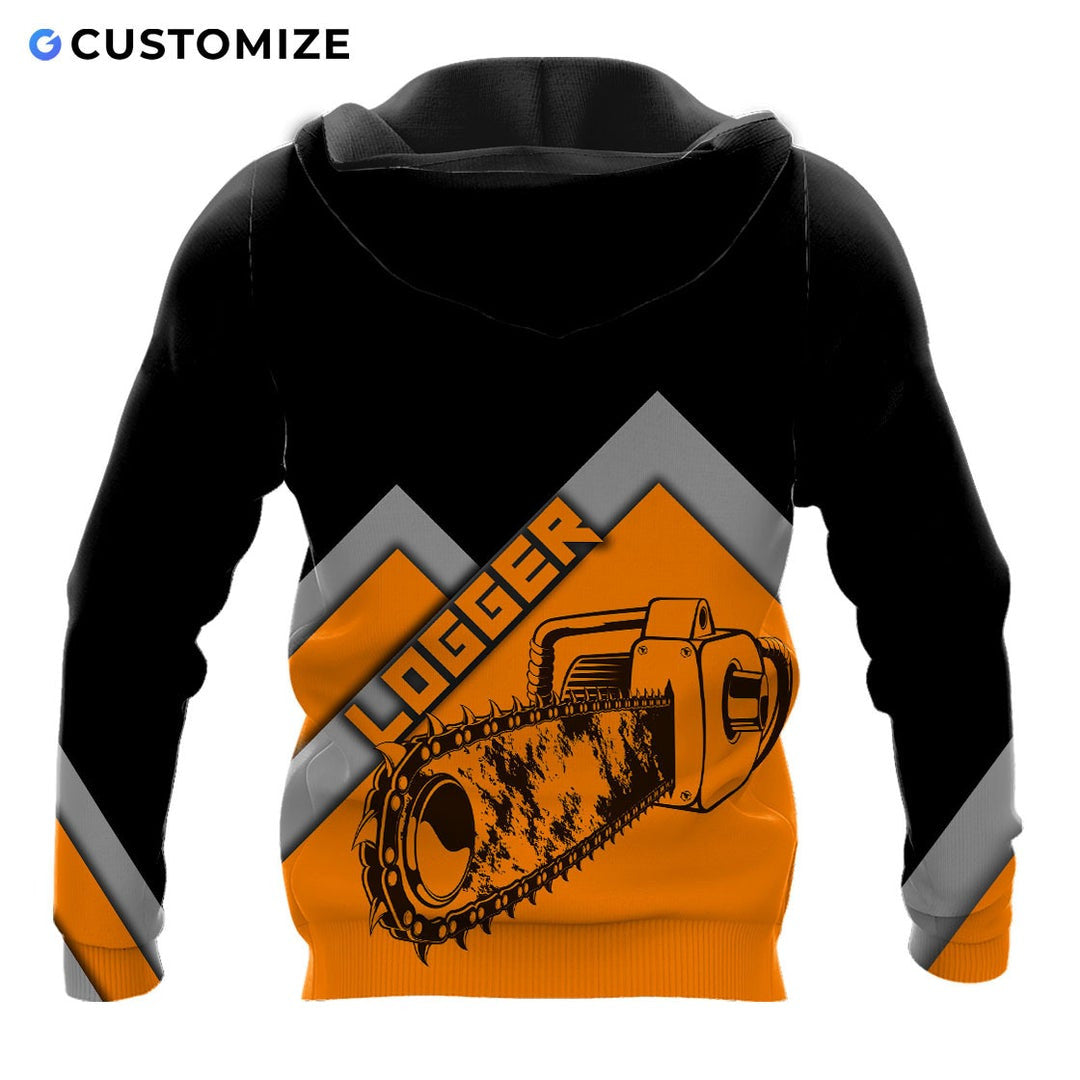 Personalized logger hoodie featuring black orange chevron chainsaw all-over print, back view