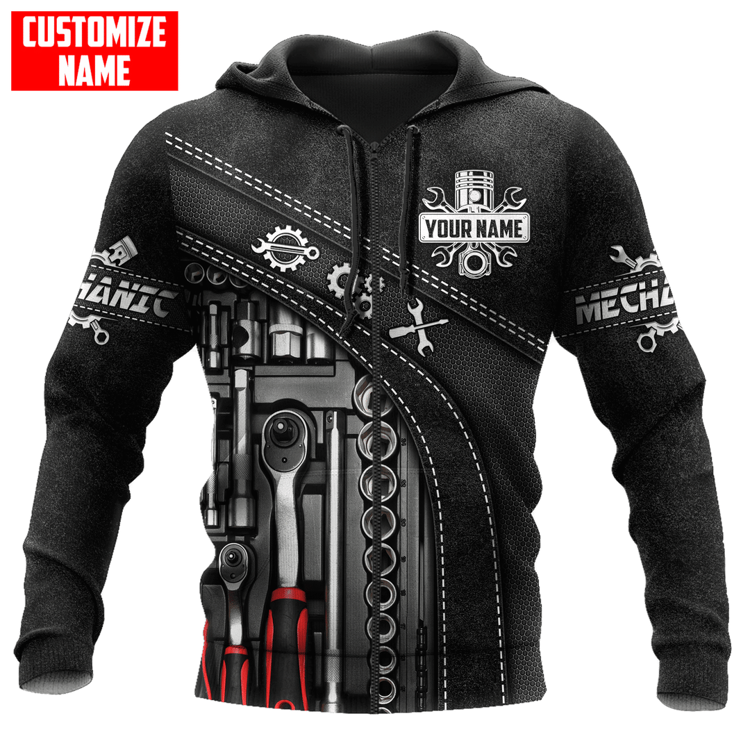 Personalized mechanic zip hoodie featuring black tool box print all-over print