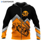 Personalized logger zip hoodie featuring black orange chevron chainsaw all-over print, zip-front design