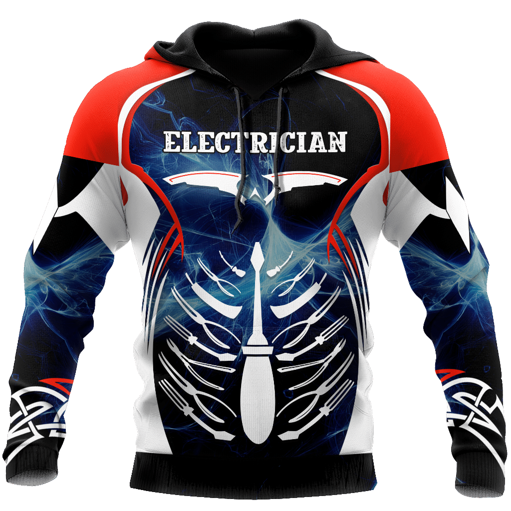 Personalized electrician hoodie featuring red white blue skeleton all-over print