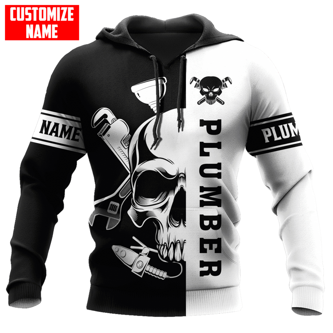Personalized plumber hoodie featuring black white plumber skull all-over print