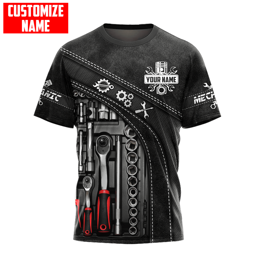 Personalized mechanic t-shirt featuring black tool box print all-over print