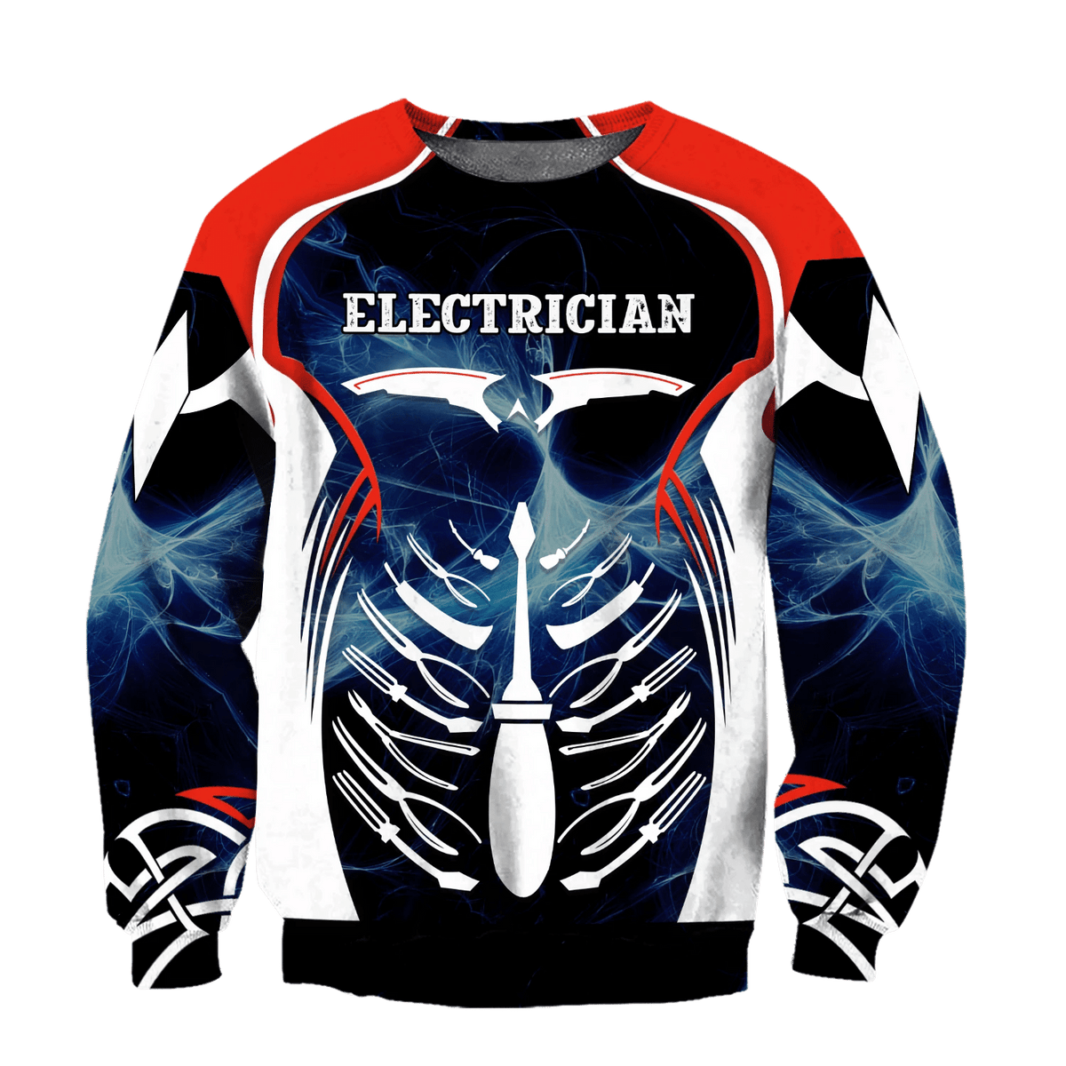 Personalized electrician sweatshirt featuring red white blue skeleton all-over print