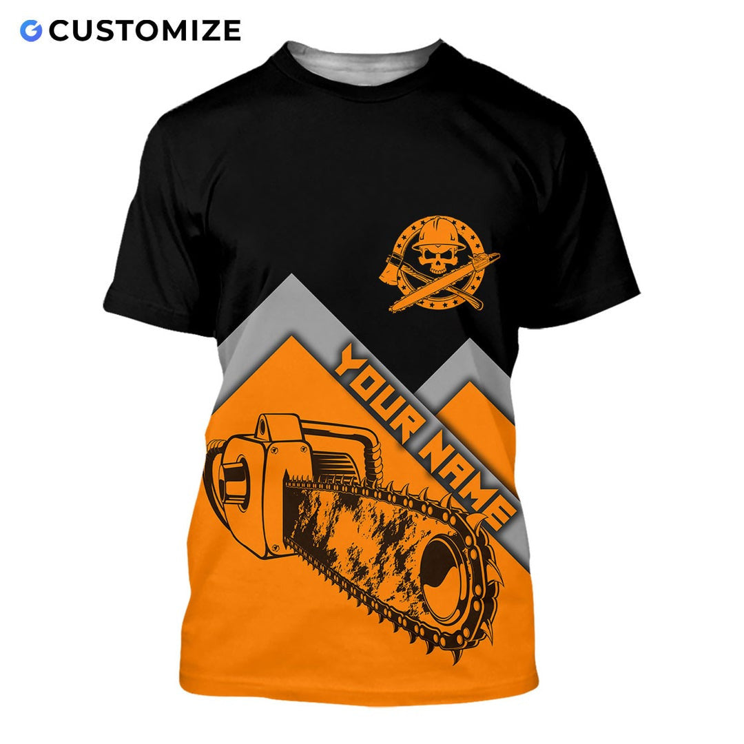 Personalized logger t-shirt featuring black orange chevron chainsaw all-over print, short-sleeve design