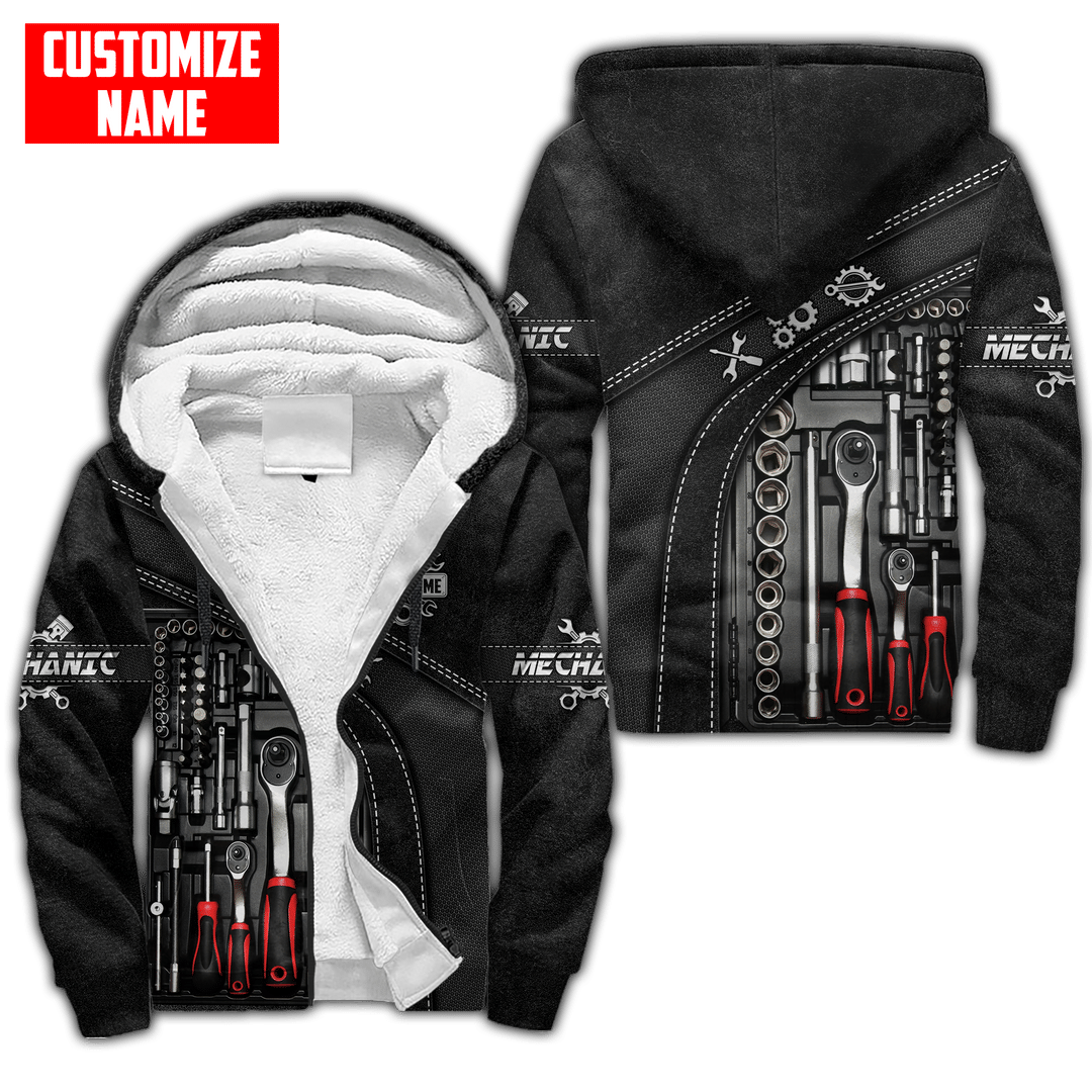 Personalized mechanic fleece zip hoodie featuring black tool box print all-over print