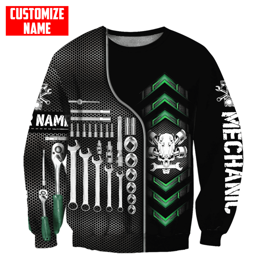 Personalized mechanic sweatshirt featuring skull tool box all-over print, crewneck design