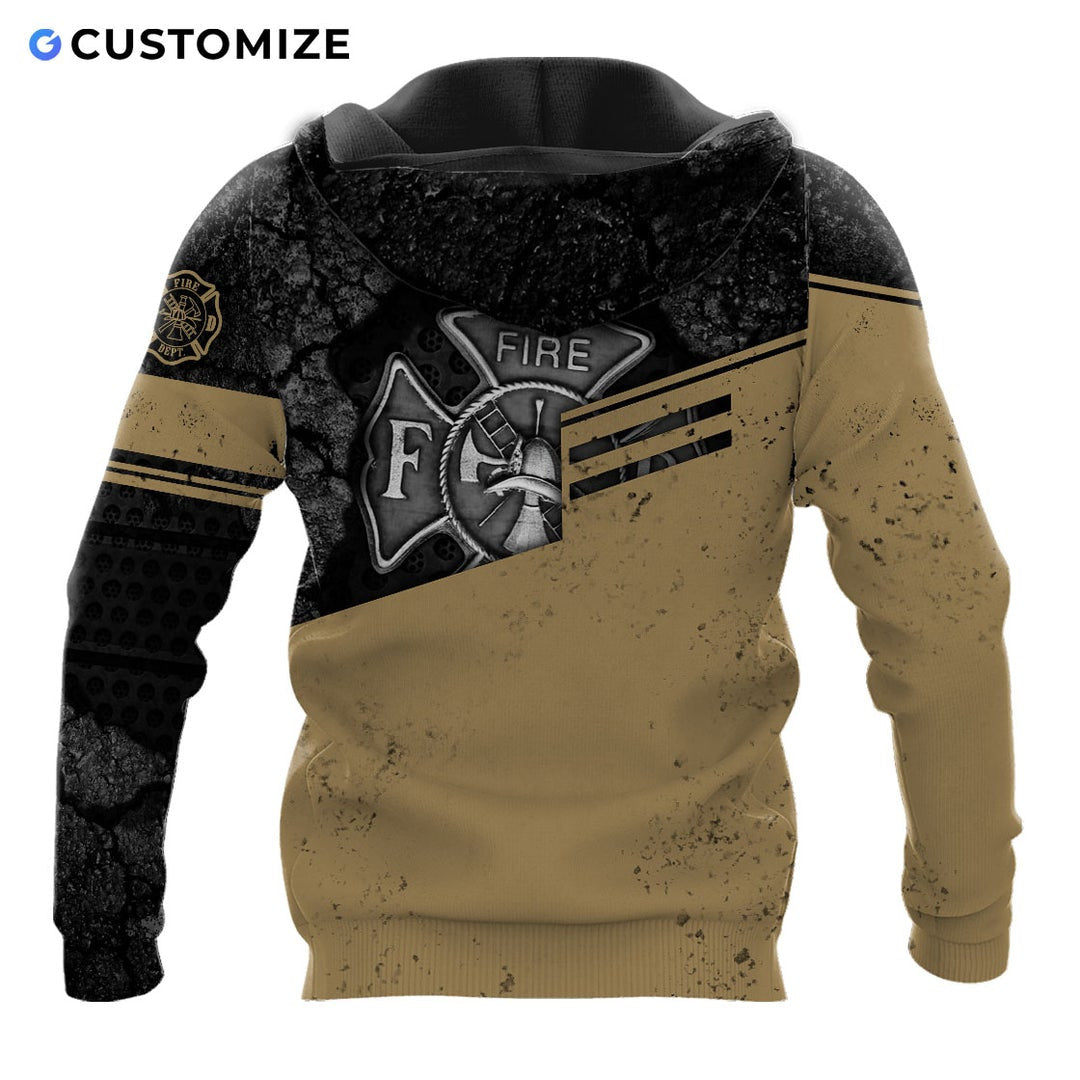 Personalized firefighter hoodie featuring tan flag fire department print all-over print, back view