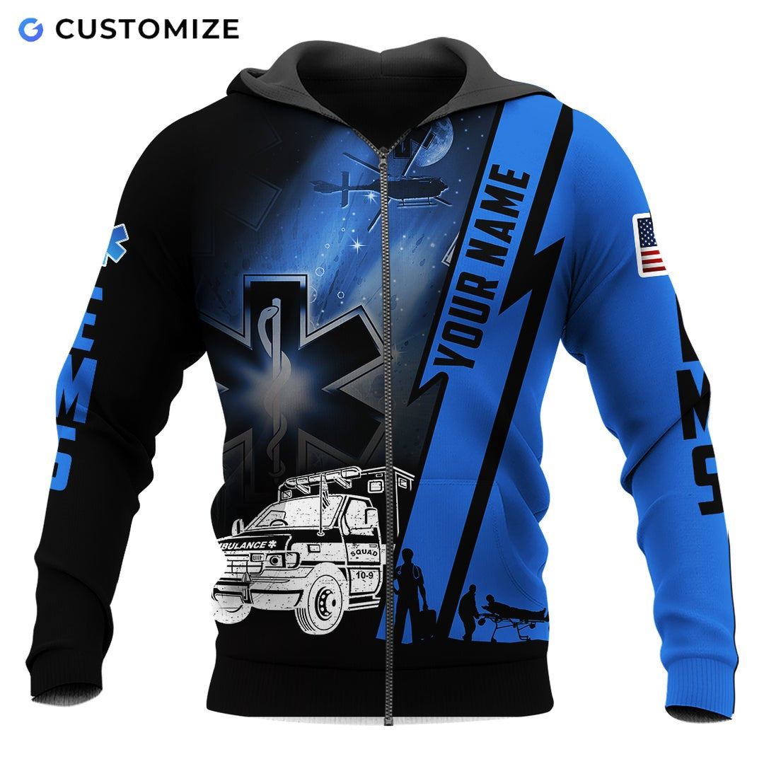 Personalized EMS paramedic zip hoodie featuring blue ems ambulance print all-over print, zip-front design