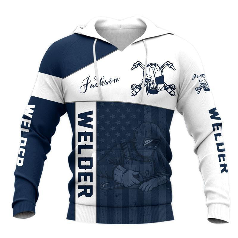 Personalized welder hoodie featuring navy white welding tools all-over print