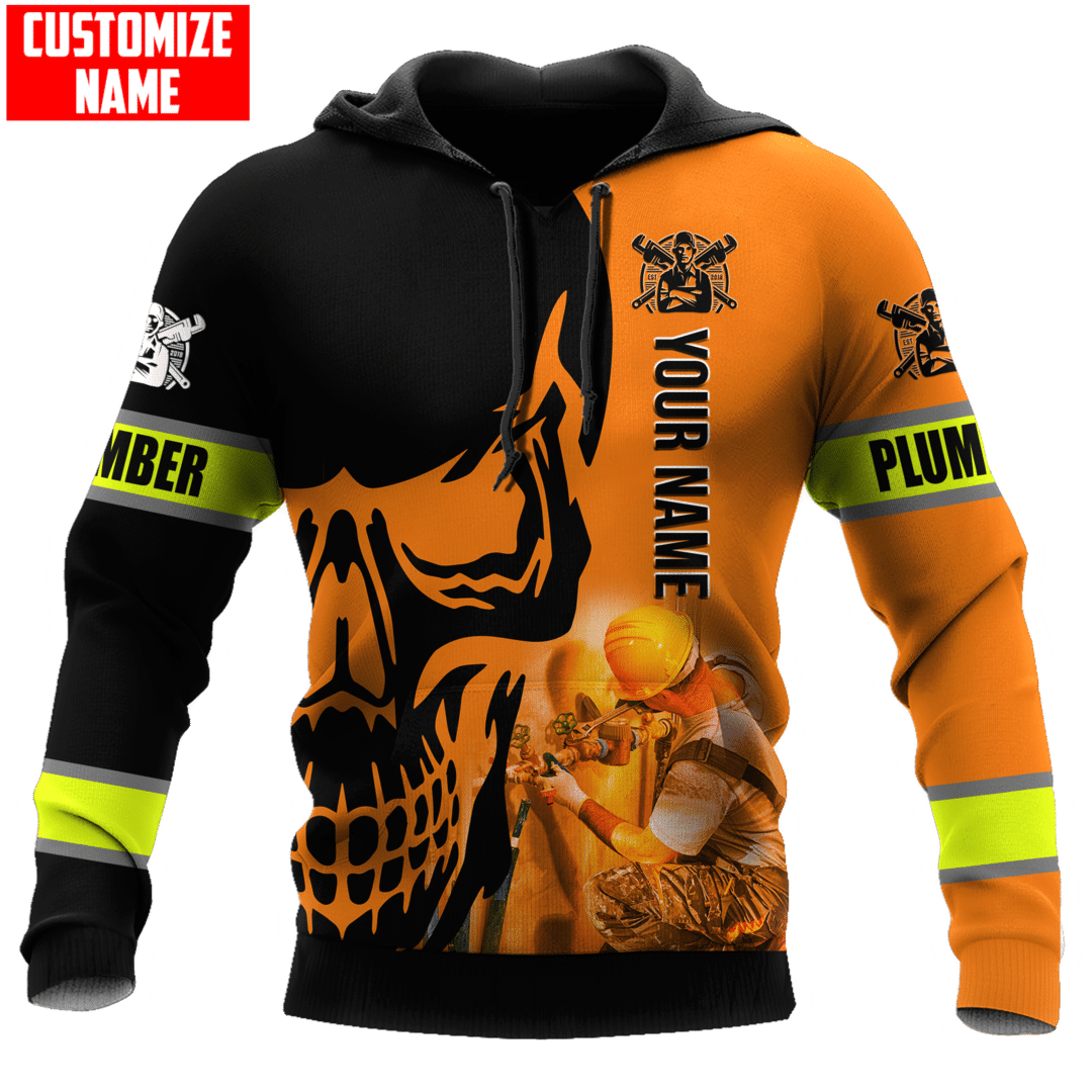Personalized plumber hoodie featuring orange black plumber skull all-over print