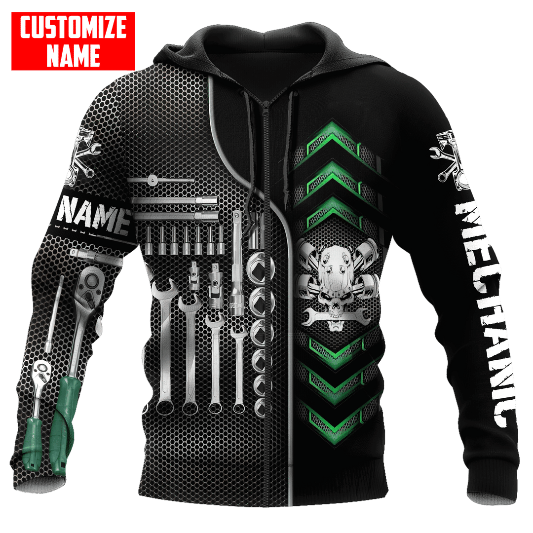 Personalized mechanic zip hoodie featuring skull tool box all-over print, zip-front design