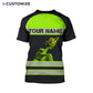 Personalized logger t-shirt featuring black yellow vest stripe print all-over print, back view
