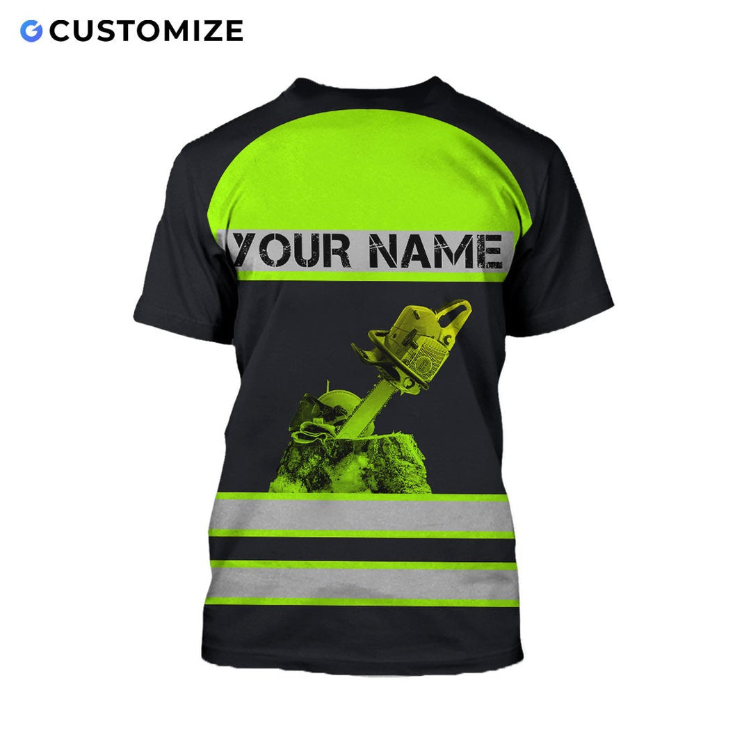 Personalized logger t-shirt featuring black yellow vest stripe print all-over print, back view