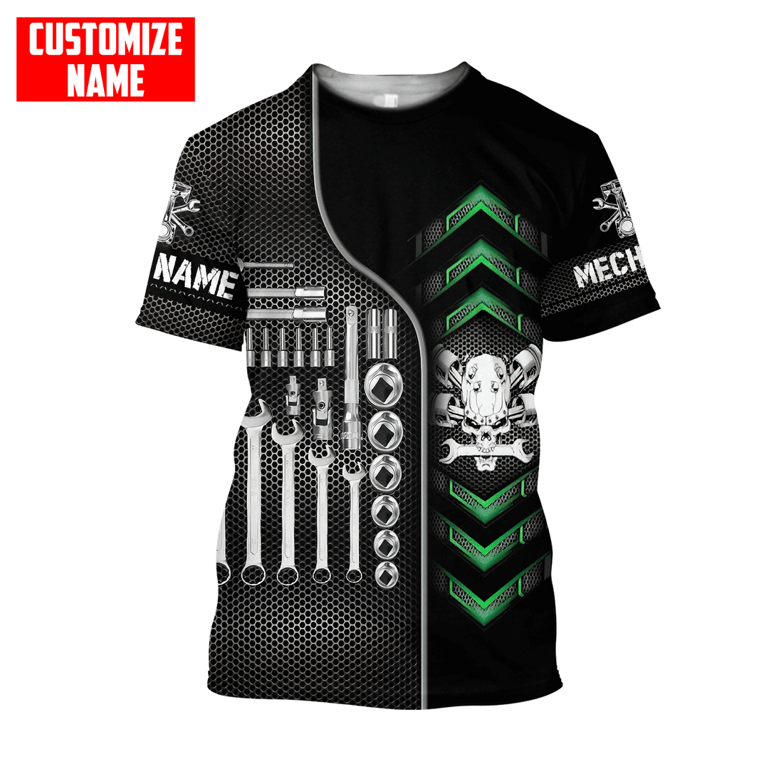Personalized mechanic t-shirt featuring skull tool box all-over print, short-sleeve design